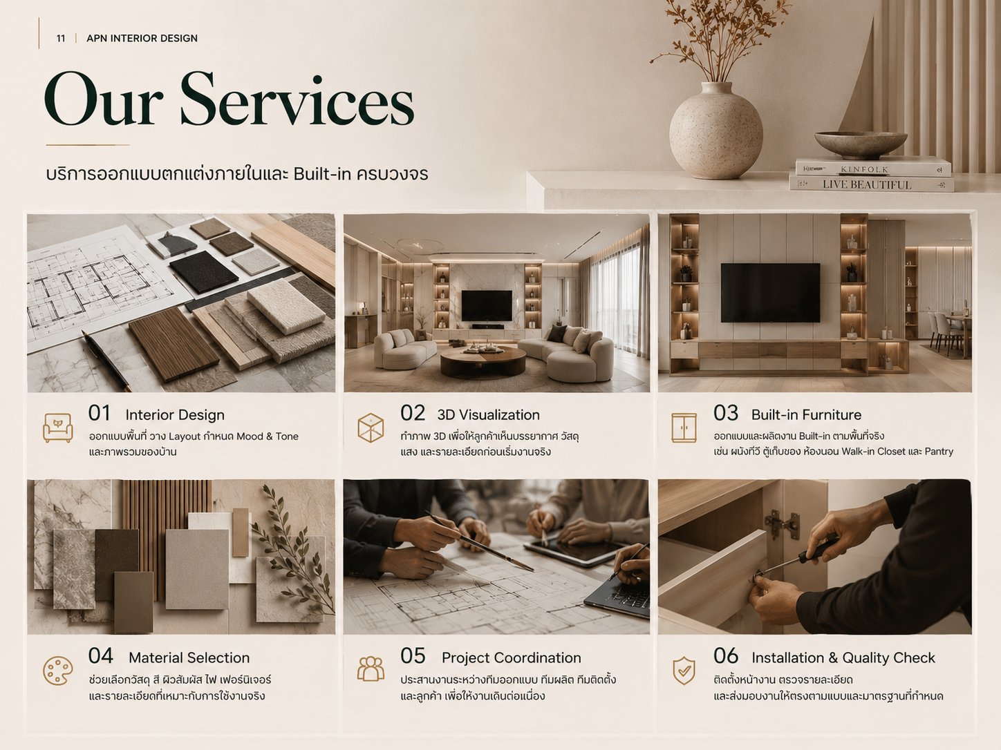บริการของ APN (Our Services) บริการออกแบบตกแต่งภายในและงาน Built-in ครบวงจร ตั้งแต่ให้คำปรึกษา ออกแบบ 3D ผลิต และติดตั้ง
